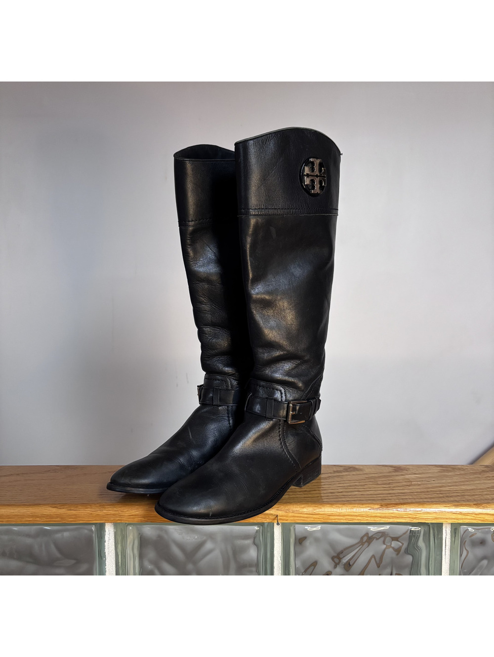 Tory Burch Black Leather Riding Boots with Logo Detail